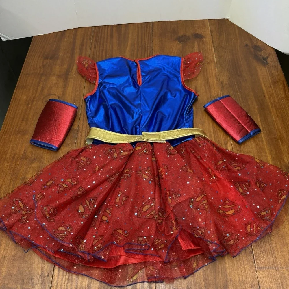 DC Superheroes Supergirl YL Costume Cosplay Dress, Belt, Cape & Armbands